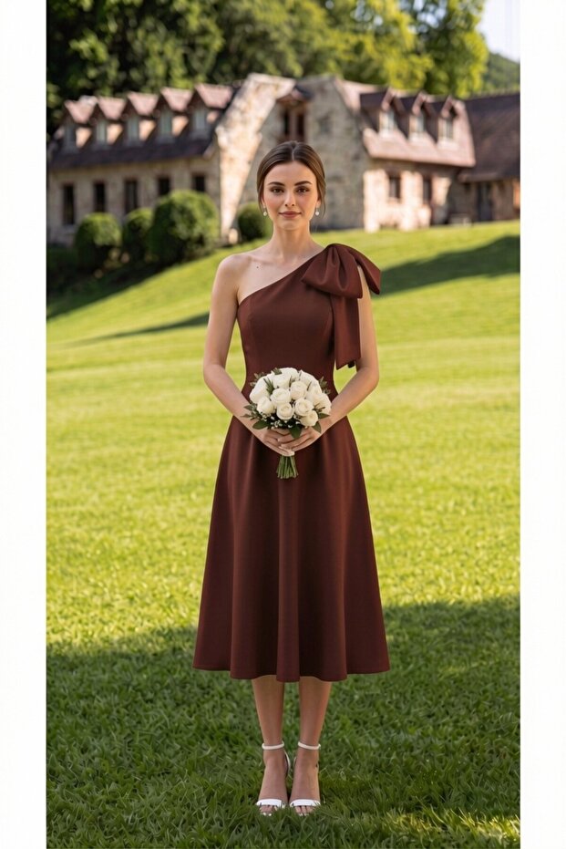 One-Shoulder Midi Length Flared Evening Dress with Lining and Bow Detail for Wedding, Engagement, Graduation, and Special Occasions