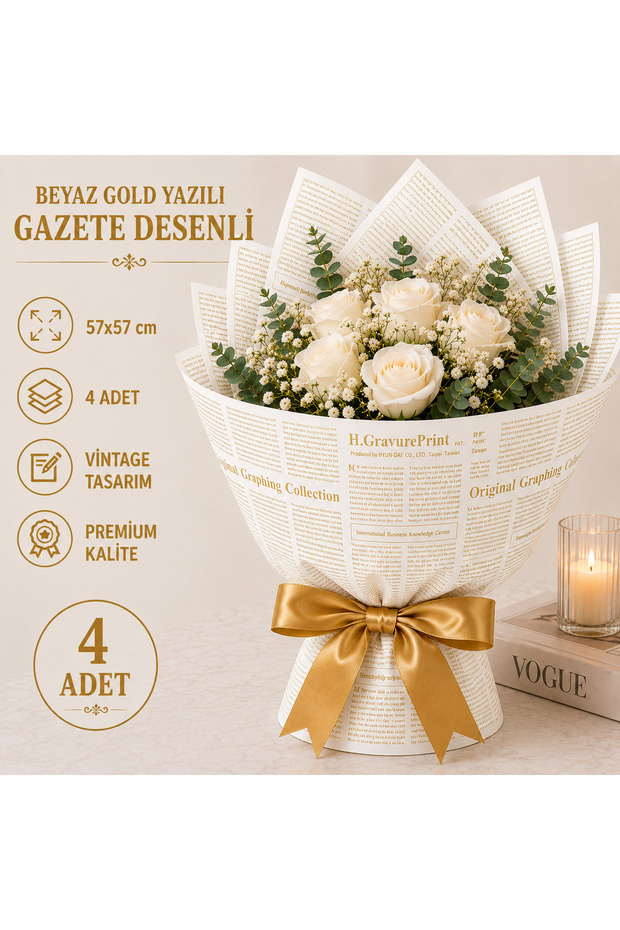 White Gold English Newspaper Patterned Bouquet Wrapping Paper 57X57 cm Flower and Gift Package 4 Pieces