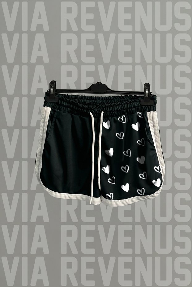 Women's Sports Running and Fitness Shorts with Heart Print on the Leg, Side Stripes, and Piping Detail