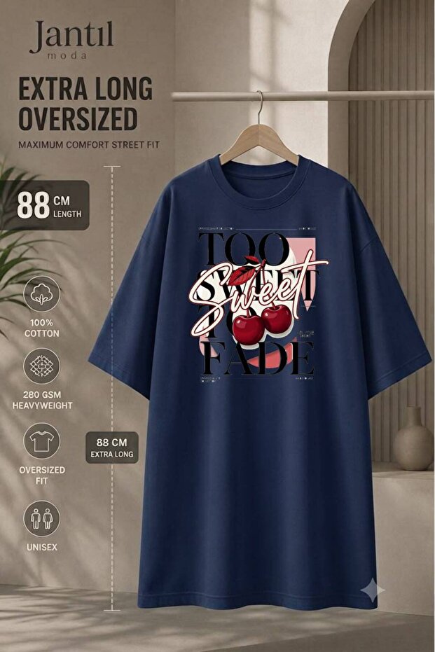 Crew Neck Cherry Too Sweet to Fade Written Extra Long Oversize Tunic T-Shirt Short Sleeve
