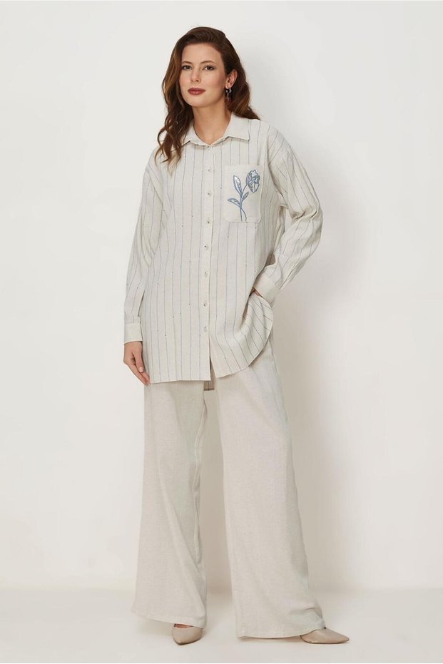 Pul Detailled Linen Pants Suit 46709
