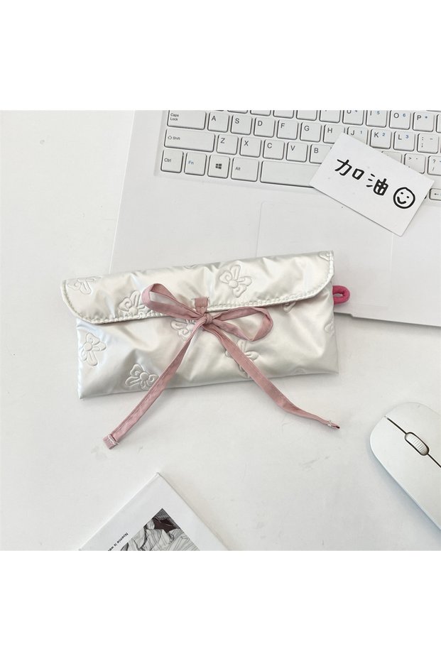 Lace-Up - Beige Quilted Bow Flip Pencil Case Women Portable Coin Purse Multifunctional Student Stati