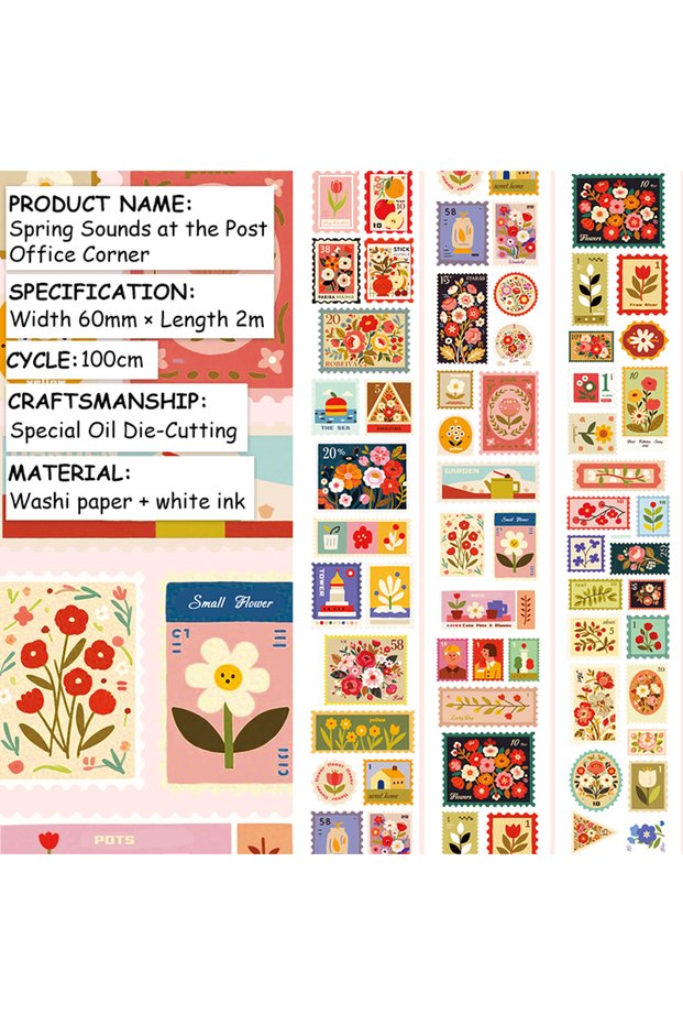 JD692-1 2m Pre-Cut Vintage Floral Stamp Washi Tape Colorful Botanical Postage Transparent Roll Stick