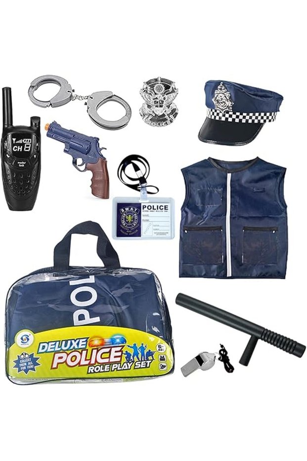 12 Pcs Police Costume for Kids with Toy Role Play Kit with Police Badge, Handcuffs,Kids Flashlight for Cop Costume, FBI,Detective,Swat, and Kids Dress-up Clothes