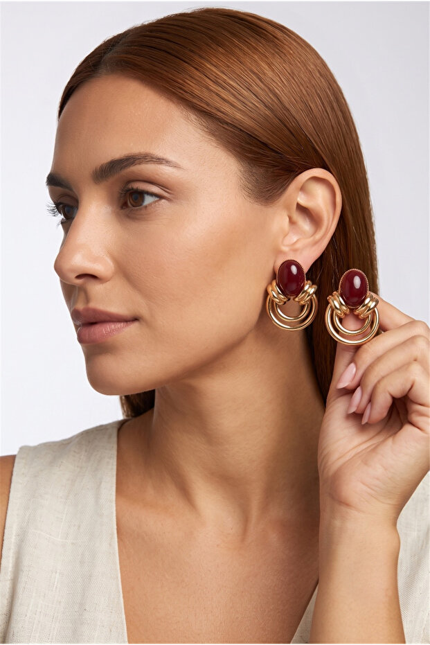 Burgundy Oval Stone Hoop Detailed Earrings