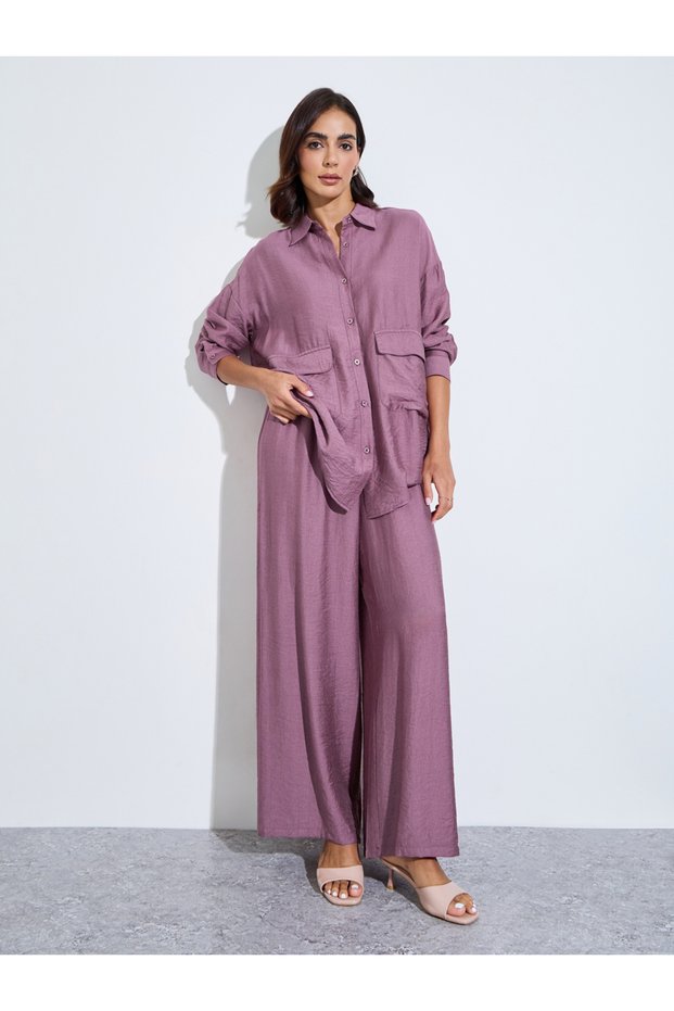 Purple Oversized Shirt and Wide Leg Pants Modest Set