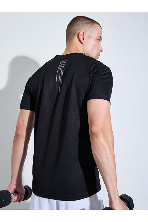 Men Black Short Raglan Sleeves Muscle Fit Running T-Shirt