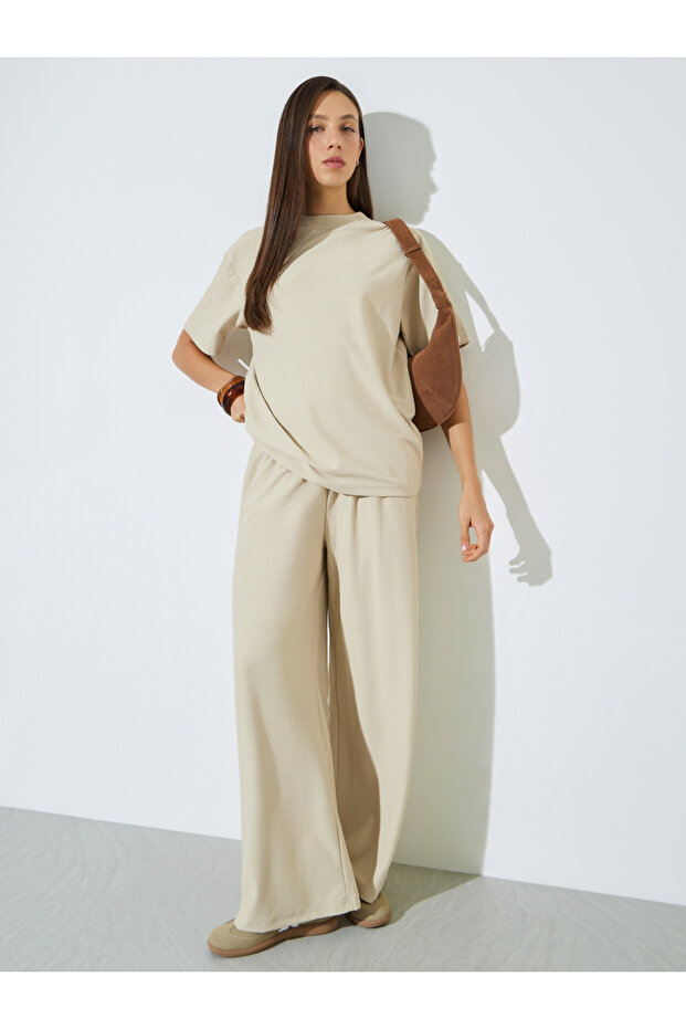Cream Textured Wide Leg Pants with Elastic Waistband