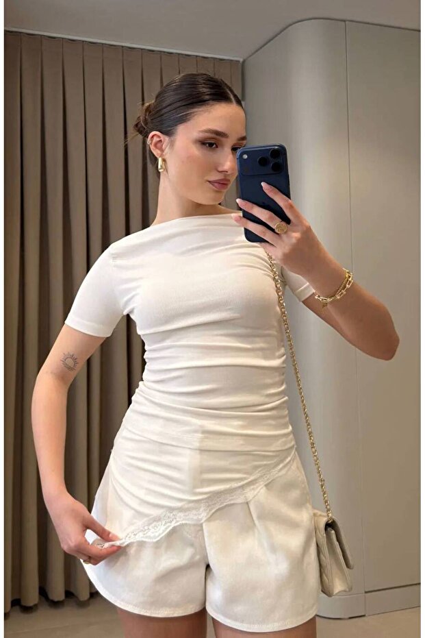 Women's White Lace Detailed Gathered Short Sleeve Blouse