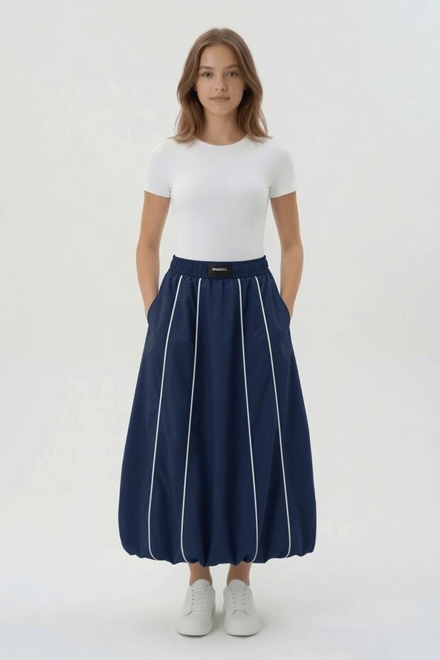 Navy Blue Girl's Basic Balloon Skirt with Stripes on the Sides 24023