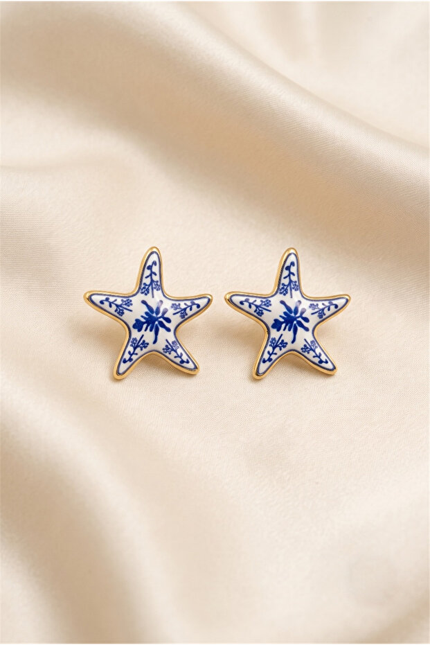 Blue and White Tile Patterned Starfish Earrings