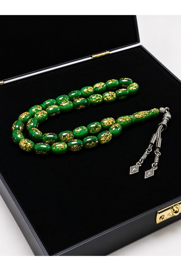 Premium Boxed Green Gold-Speckled Prayer Beads - Specially Designed Silver-Toned Tasseled Luxury Collectible Prayer Beads