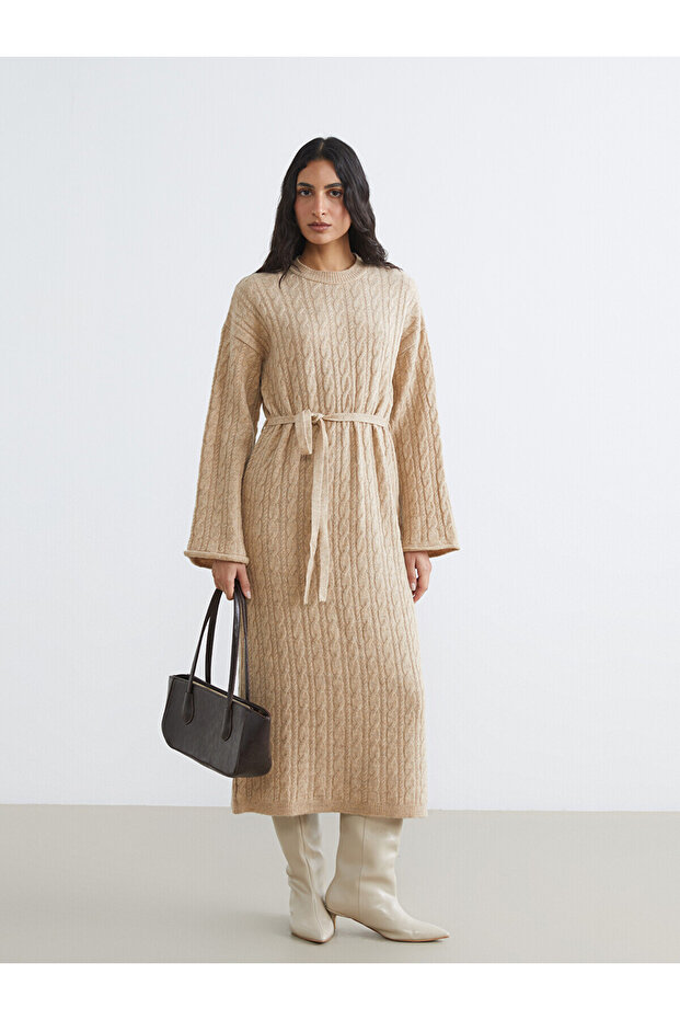 Lcw Modest Beige Crew Neck Self-Patterned Belted Knitwear Dress