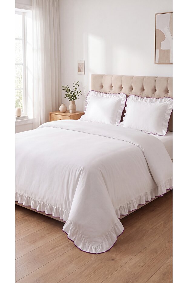 100% Cotton Overlocked Ruffled Double Duvet Cover Set with Elastic Sheet 200X220 cm