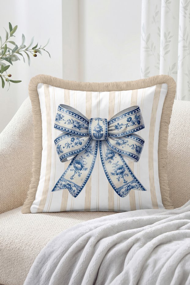 Blue Tile Ribbon Bow and Vertical Line Pattern Fringed Throw Pillow Cover - Vintage Decorative Pillow Cover