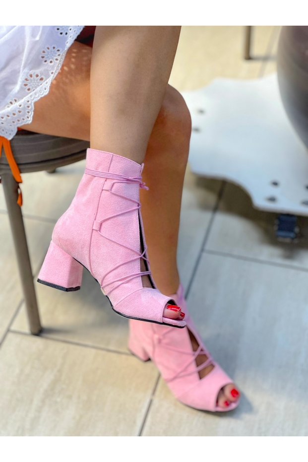 Smi̇le Pink Calf Suede Lace-Up 5 cm Heel Summer Boots