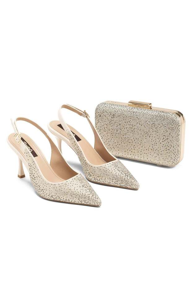 Women's Beige Color High Heeled Stone Embellished Open Back Pointed Toe Evening Dress Bag Shoe Set