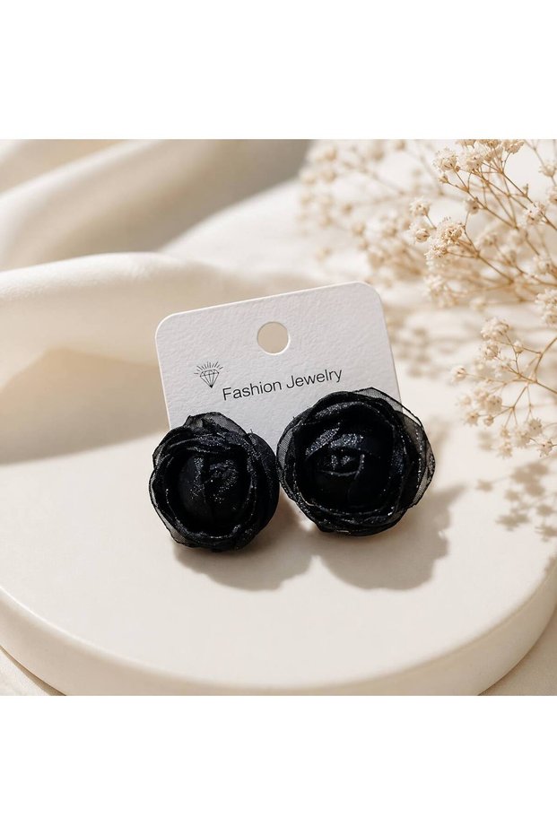 Black Flower Earrings with Clip-Ons – Lightweight Fabric Rose Earrings That Don'T Require Ear Holes