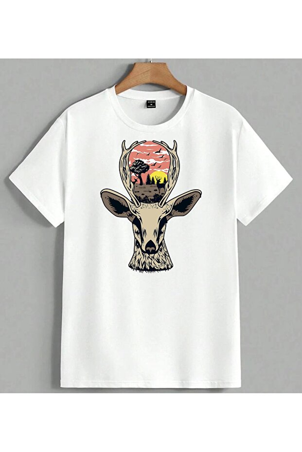 Deer Forest Natural Scenery Printed Unisex Oversize T-Shirt White