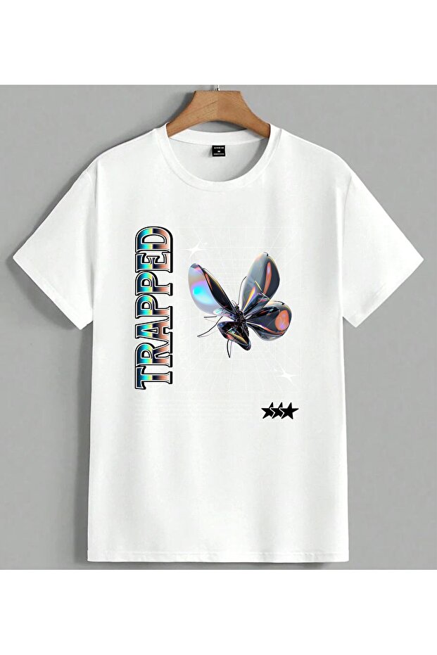 Trapped Hologram Bocek Printed Unisex Oversize T-Shirt White