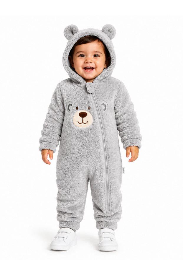 Sweet Teddy Bear Embroidered Welsoft Plush Hooded Zippered Winter Unisex Baby Romper