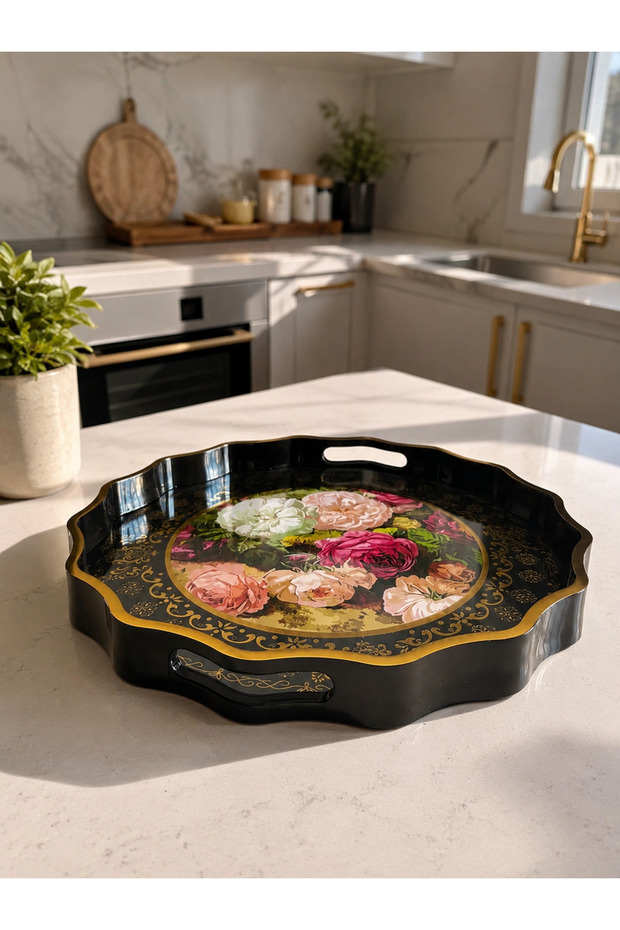 Mira Papatya Black-Gold Floral Patterned Decorative Tray