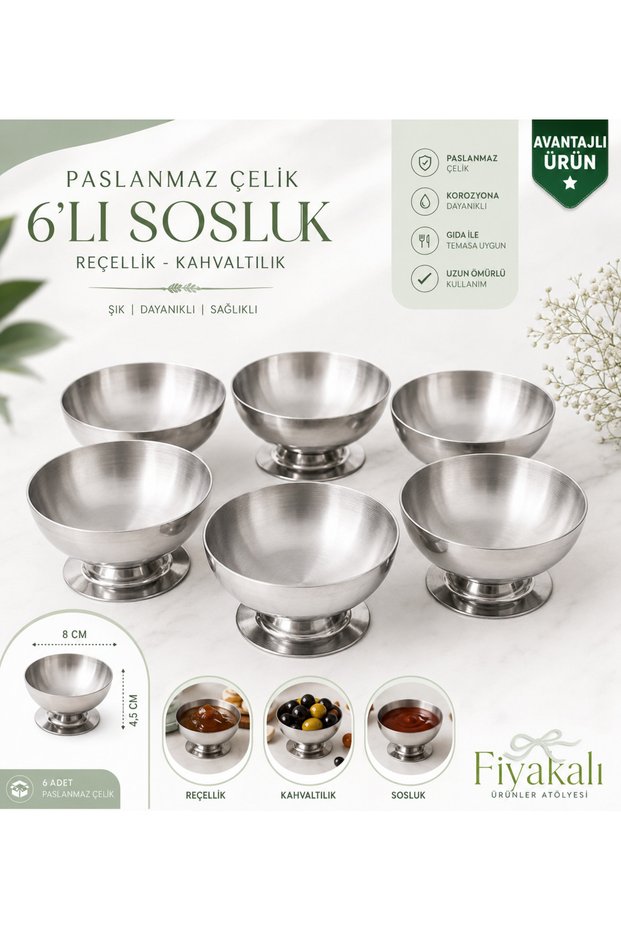 6-Piece Stainless Steel Presentation Bowl Set with Feet 8 cm | Jam Bowl, Sauce Bowl, Snack Bowl, Breakfast Bowl, Appetizer Bowl, Pickle Bowl, Presentation, Gift
