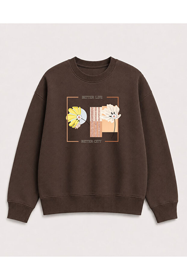 Better Life Print Detailed Crew Neck 2 Thread Sweatshirt