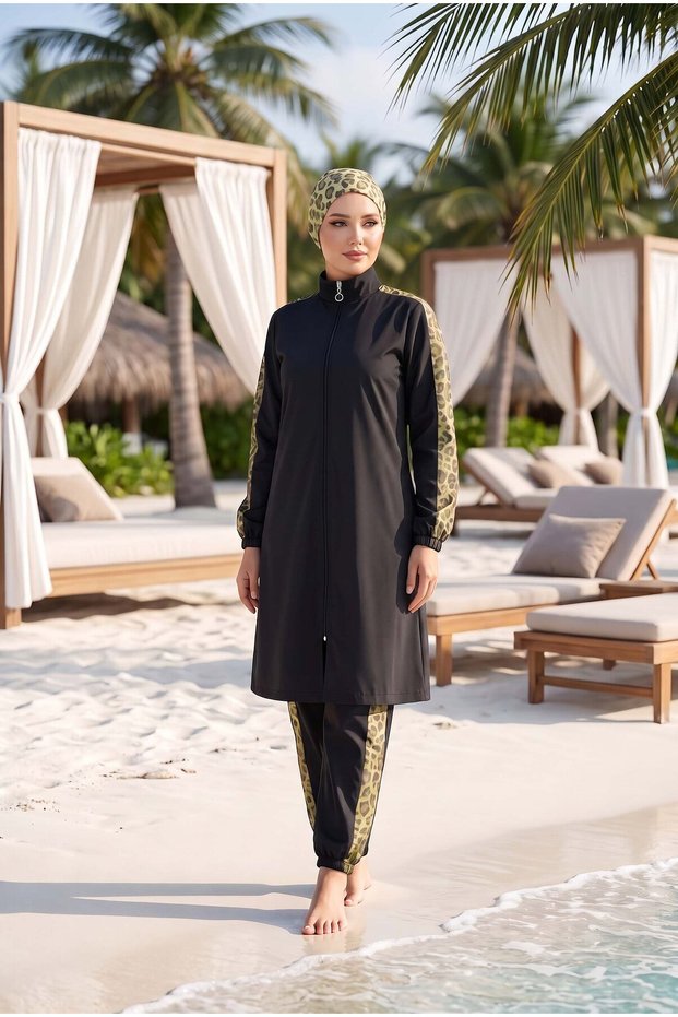 Leopard Garnished Hijab Swimsuit Green Olive