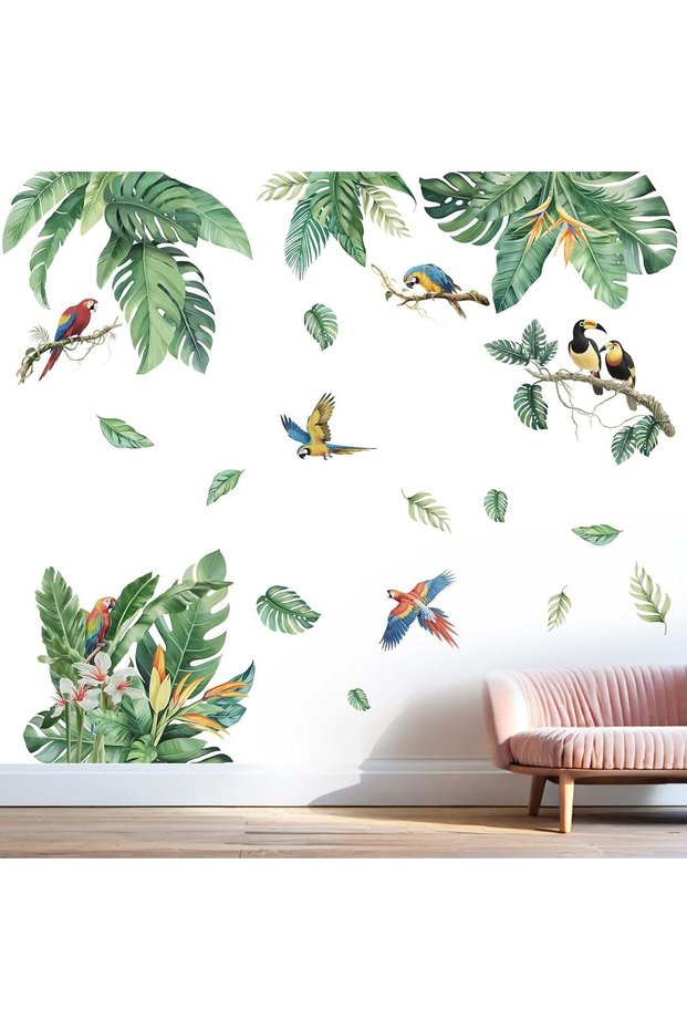 Tropical Leaves Wall Stickers for Women: Peel and Stick Green Plant Hanging Leaf Birds Wall Decals - Living Room Bedroom Nursery Home Vinyl Decor