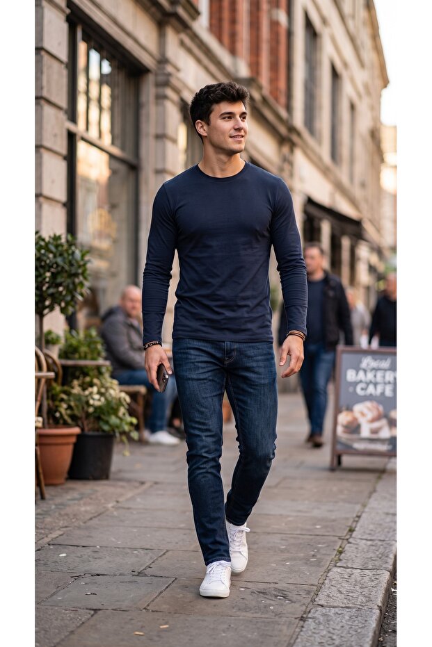 Navy Blue Men's Regular Fit Long Sleeve Basic T-Shirt
