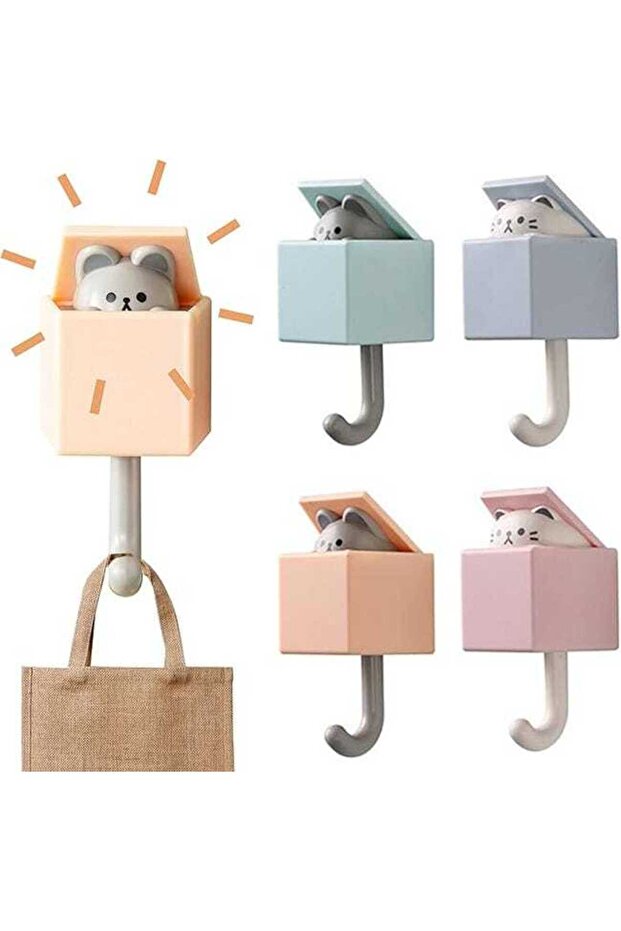 A set of 4 self-adhesive ABS cat-shaped wall hooks, suitable for hanging keys, hats, sticks, etc.