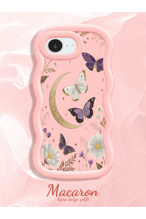 iPhone 16E/17E Compatible Wavy Frame Moon Butterfly and Flower Pattern Silicone Phone Case