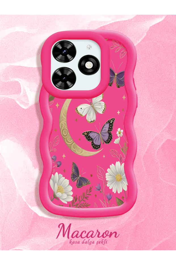 Tecno Spark 20/20C Compatible Wavy Frame Moon Butterfly and Flower Pattern Silicone Phone Case