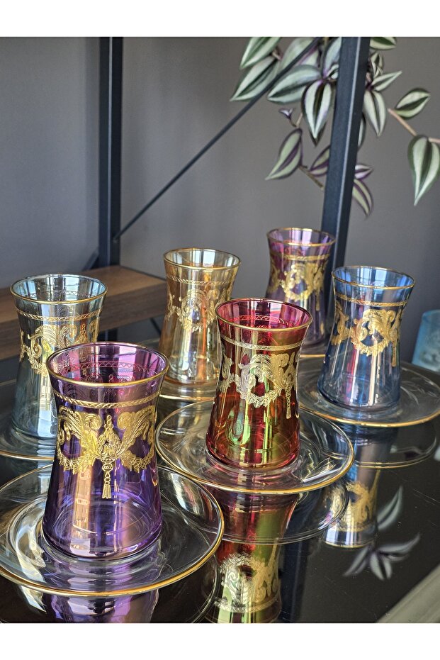 Handmade Crystal Rulet Mixed Lustered 24K Gold Embellished 12-Piece Presentation Tea Set