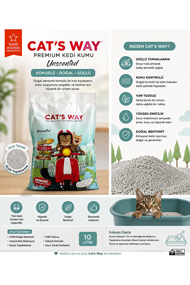 Cat's Way Doğal Kokusuz Alerjen Karşıtı Topaklaşan Kedi Kumu 10 LT