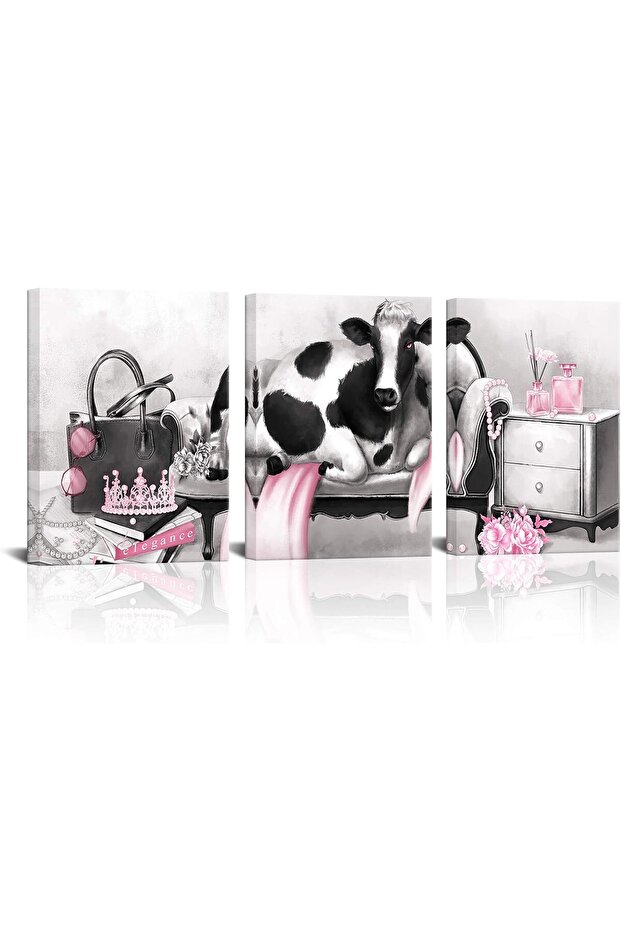 30x40 cm 3 Panel Gallery Wrapped Canvas | Fashion Cow Wall Art | Pink Black Elegance Decor