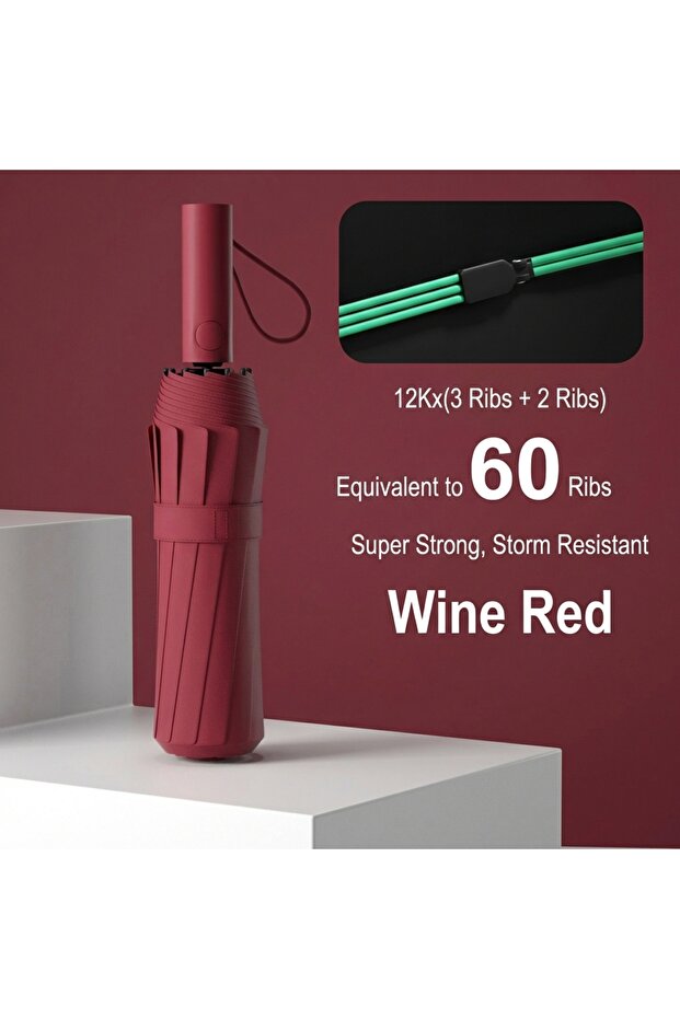 60Ribs Burgundy Reinforced 24-Bone Umbrella, Men's Business Strong And Durable Wind-resistant Umbrel