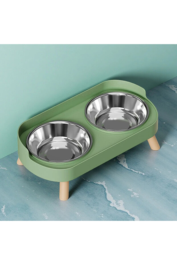 Green Stainless HOMEFISH Dopamine Multicoloured Tall Pet Feeder with Two Stainless Steel Bowls and N