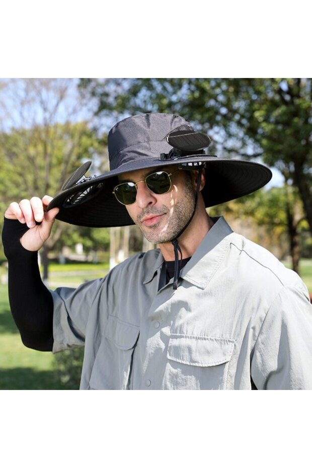 Solar-Powered Ventilated Cap, USB rechargeable, dual fans (6000 RPM), UV protection - Black