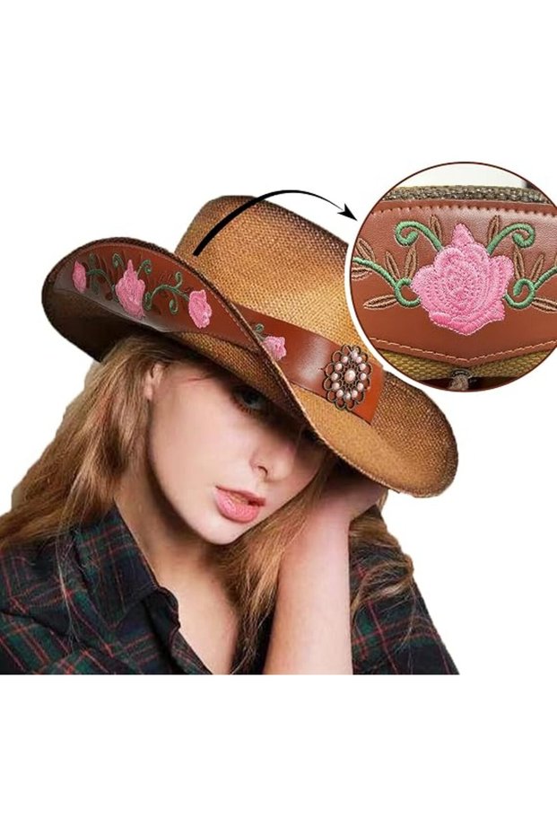 Women's cowboy hats, brown cowboy hats, classic straw hats, Western women's music festival party beach