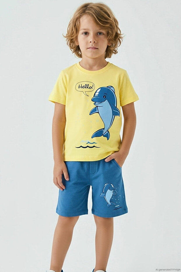 Boy's Shorts Set with Cute Dolphin Figure, Ages 2-6, Yellow