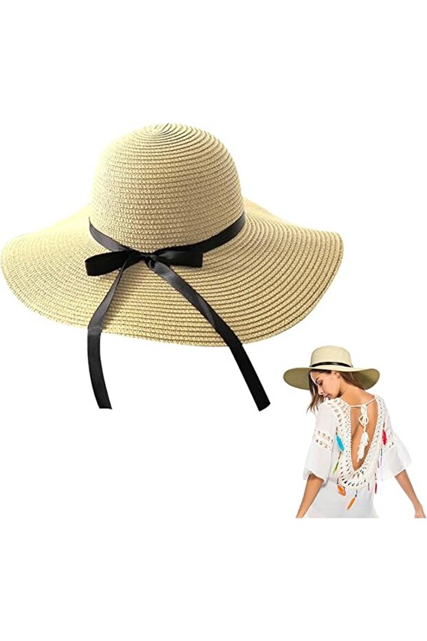 Wide-brimmed women's beach-decorated folding travel hat (khaki)