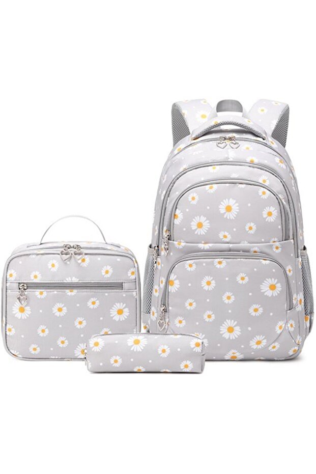 Three-Piece Daisy Pattern Backpack Set Includes Lunch Bag Pencil Case Lightweight Waterproof Teenagers Students Grey