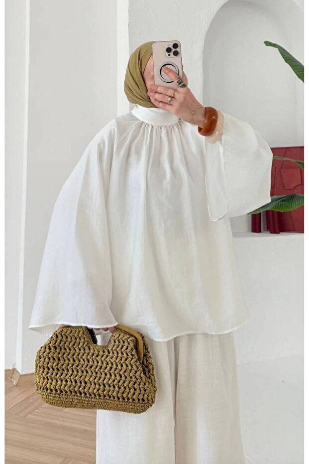 Women's White Oversize Flowy Spanish Sleeve Modal Blouse