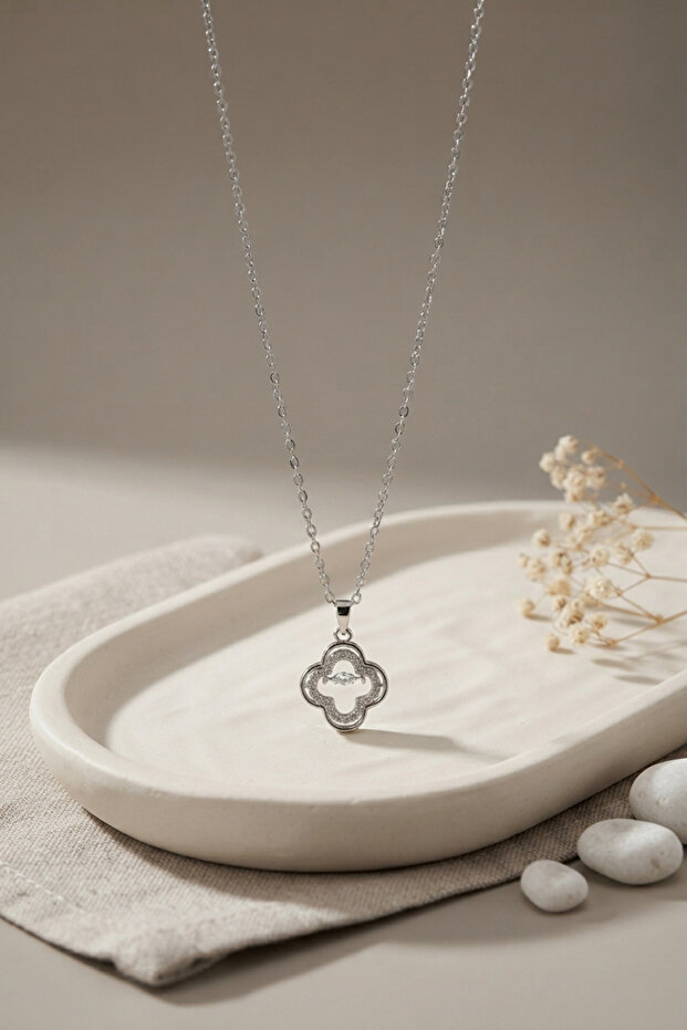 316L Steel Chain Silver Color Zircon Stone Clover Model Necklace