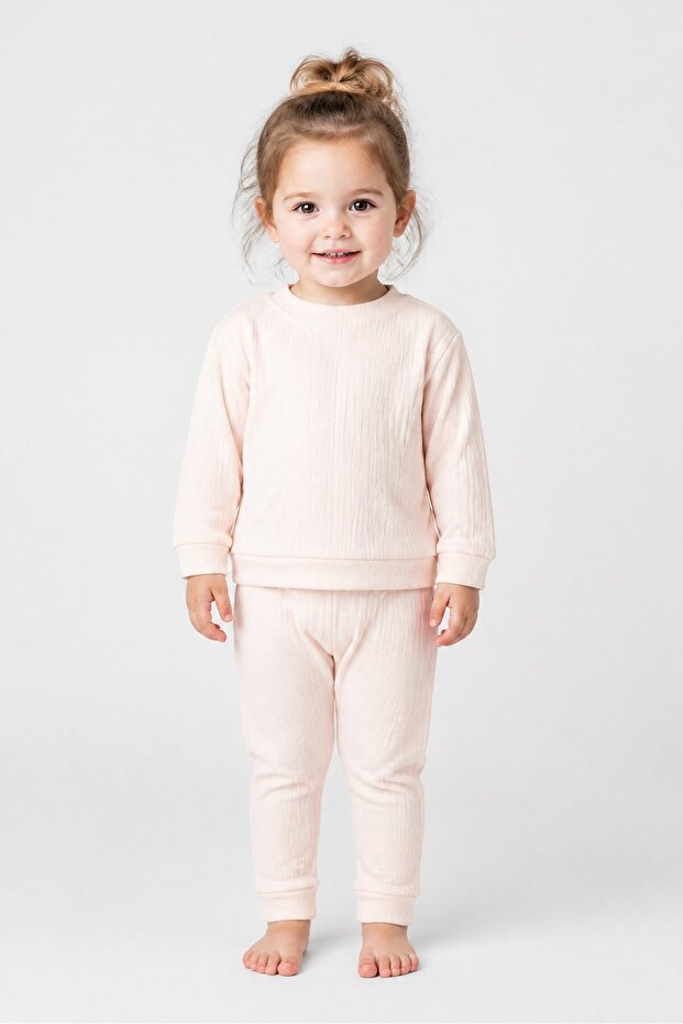 Toddlers Girl 2 Pieces Textured Pyjama Top And Bottom Set, Light Peach