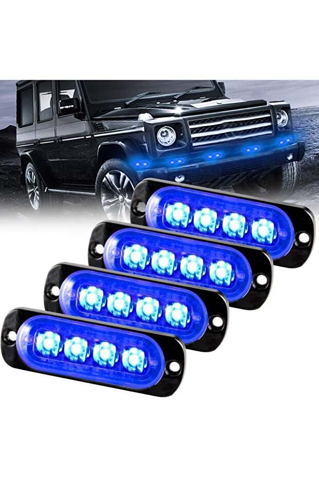 Strobe emergency warning light, flashing hazard warning light, 4 blue LEDs for vehicles, trucks, trailers, 12-24V (4-pack)