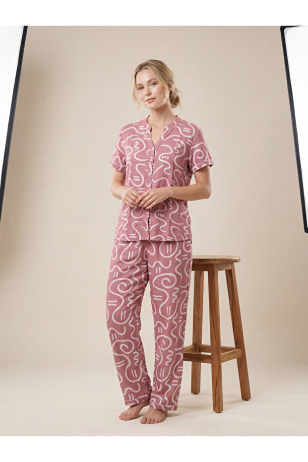 Pink Abstract Printed Nightwear Shirt With Matching Pants