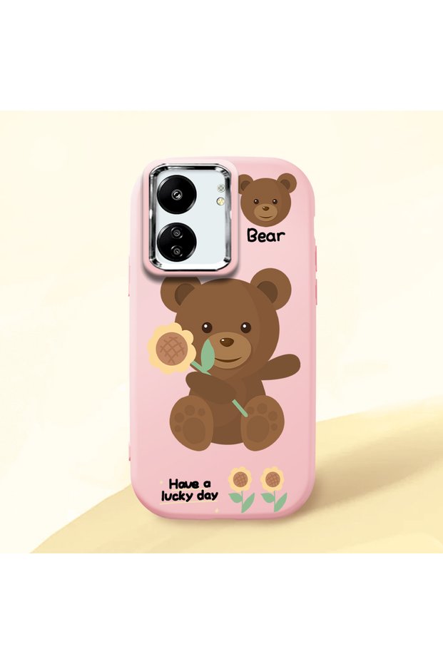 Poco C65 Compatible Case Camera Protector Pink Silicone Couple Phone Case with Bear Pattern